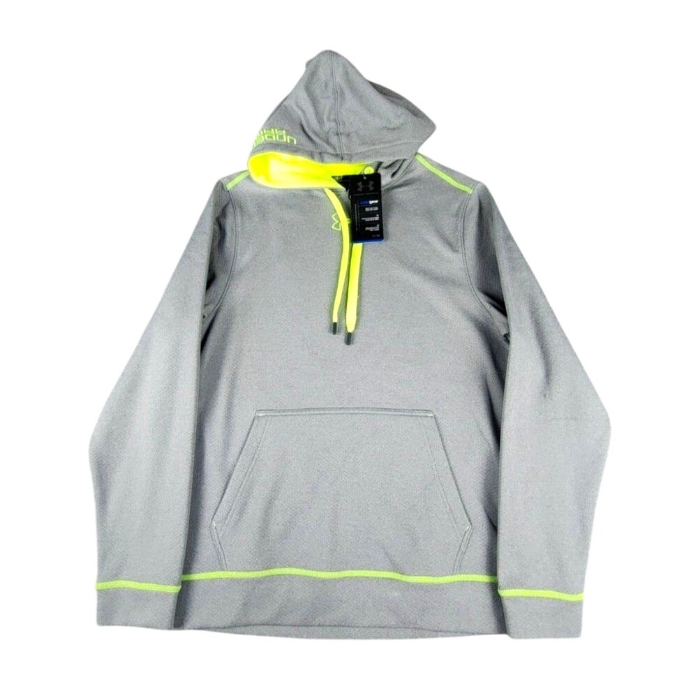 Under Armour Hoodie Sweatshirt Mens Small Gray ColdGear Pullover Logo Neon Trim